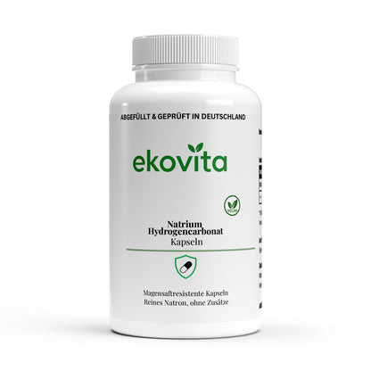 Hochdosierte Natron Kapseln von ekovita in einer eleganten Verpackung für bessere Verdauung.