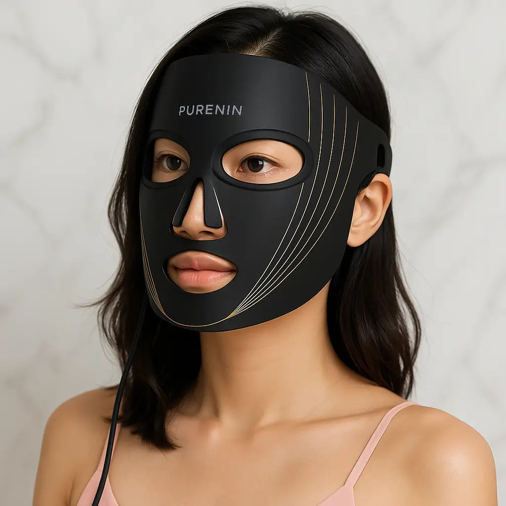 Person mit der LED Lichttherapie Maske von ekovita, entspannt und kümmert sich um ihre Haut.