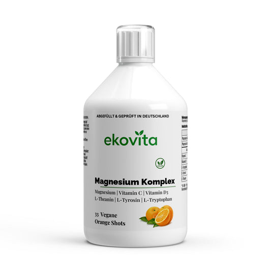 Magnesium Komplex Shots Plus+ von ekovita in stilvoller Flasche, nährstoffreiche Nahrungsergänzungsmittel für Wohlbefinden.