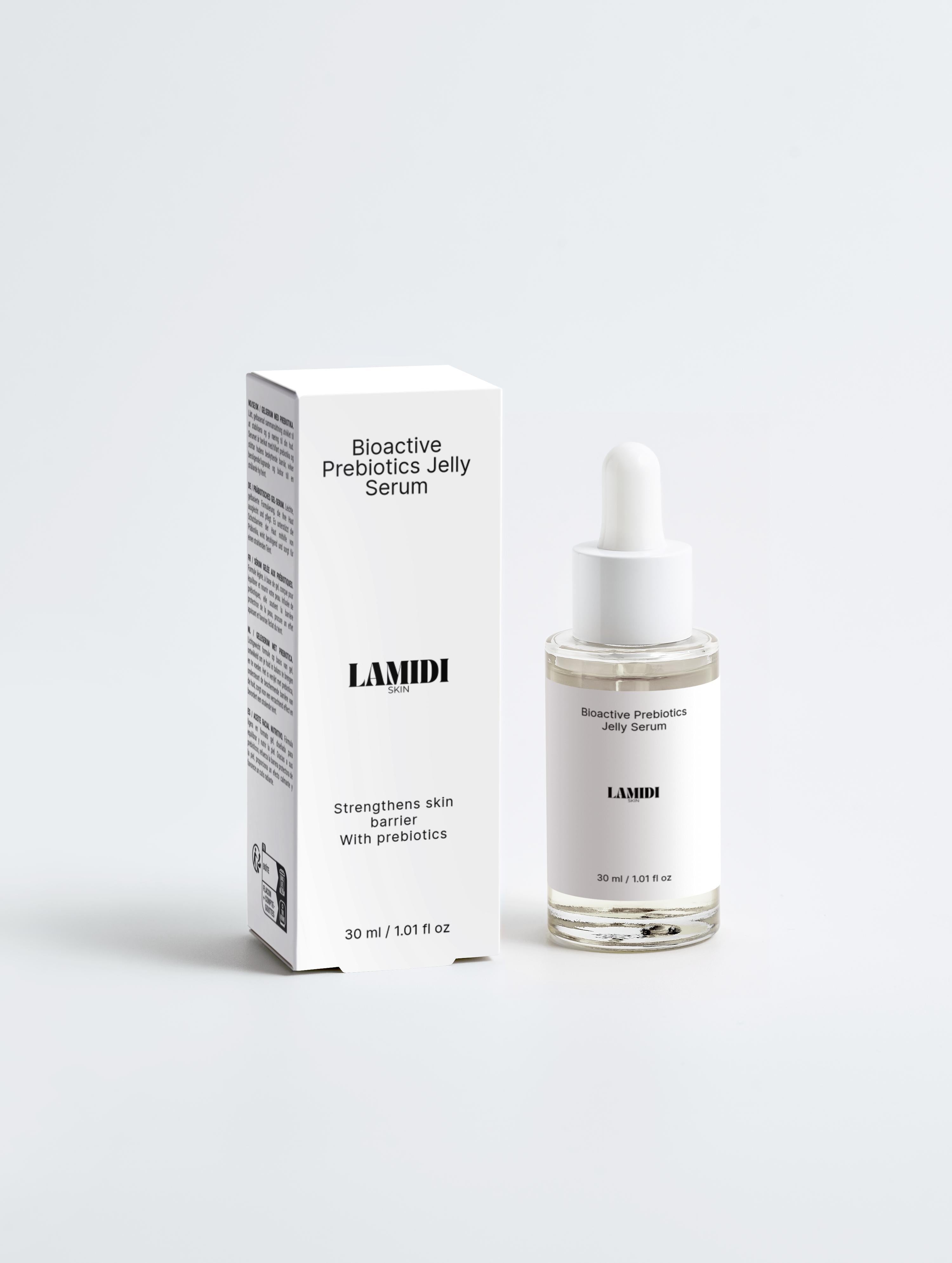 Bioaktive Präbiotika Jelly Serum von ekovita in eleganter Flasche für intensive Hautpflege.