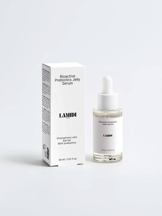 Bioaktive Präbiotika Jelly Serum von ekovita in eleganter Flasche für intensive Hautpflege.