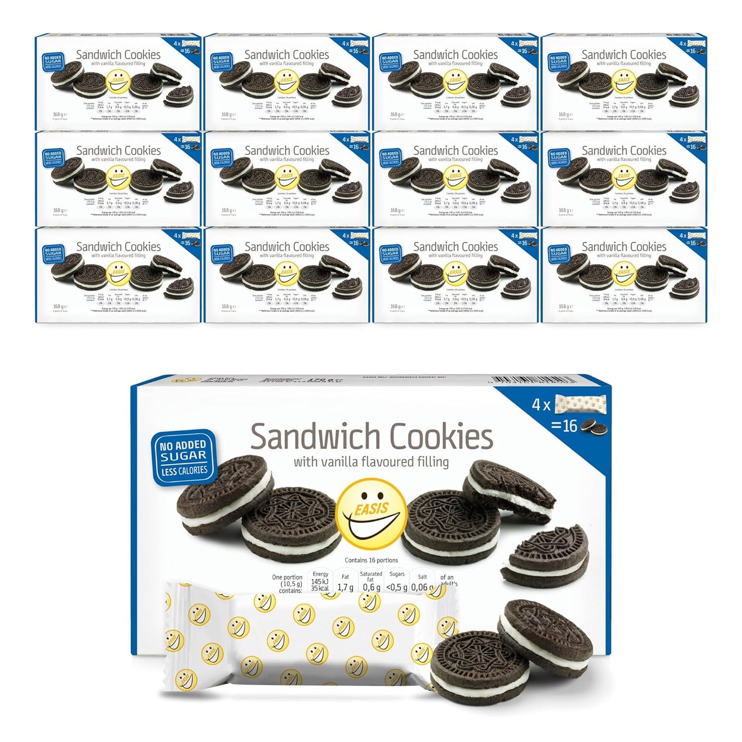 EASIS Kakaokekse Ohne Zuckerzusatz mit Vanillecreme-Füllung, Süßigkeiten für Unterwegs, Lecker Snacks, Knuspriger Doppelkeks ohne zucker, Einzeln Verpackte Kekse 12x(4x4) (192st)