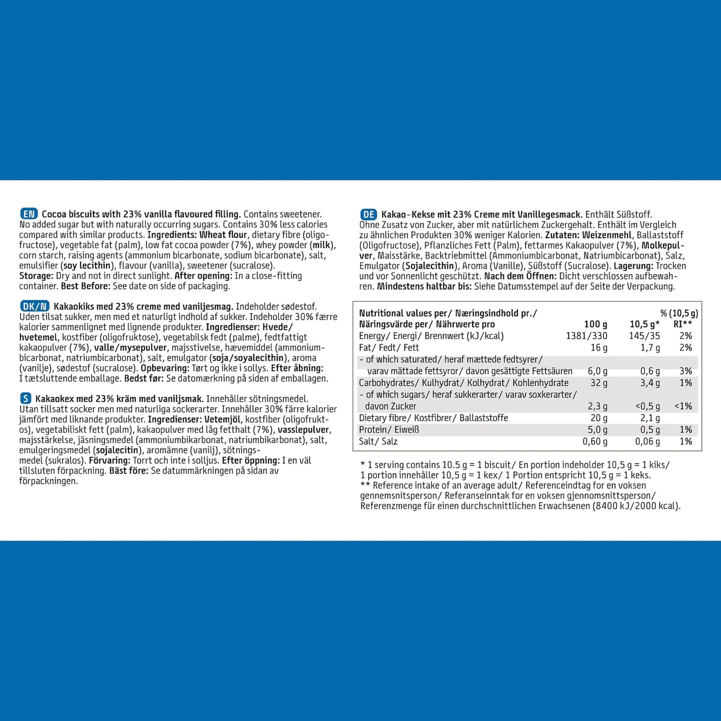EASIS Kakaokekse Ohne Zuckerzusatz mit Vanillecreme-Füllung, Süßigkeiten für Unterwegs, Lecker Snacks, Knuspriger Doppelkeks ohne zucker, Einzeln Verpackte Kekse 12x(4x4) (192st)
