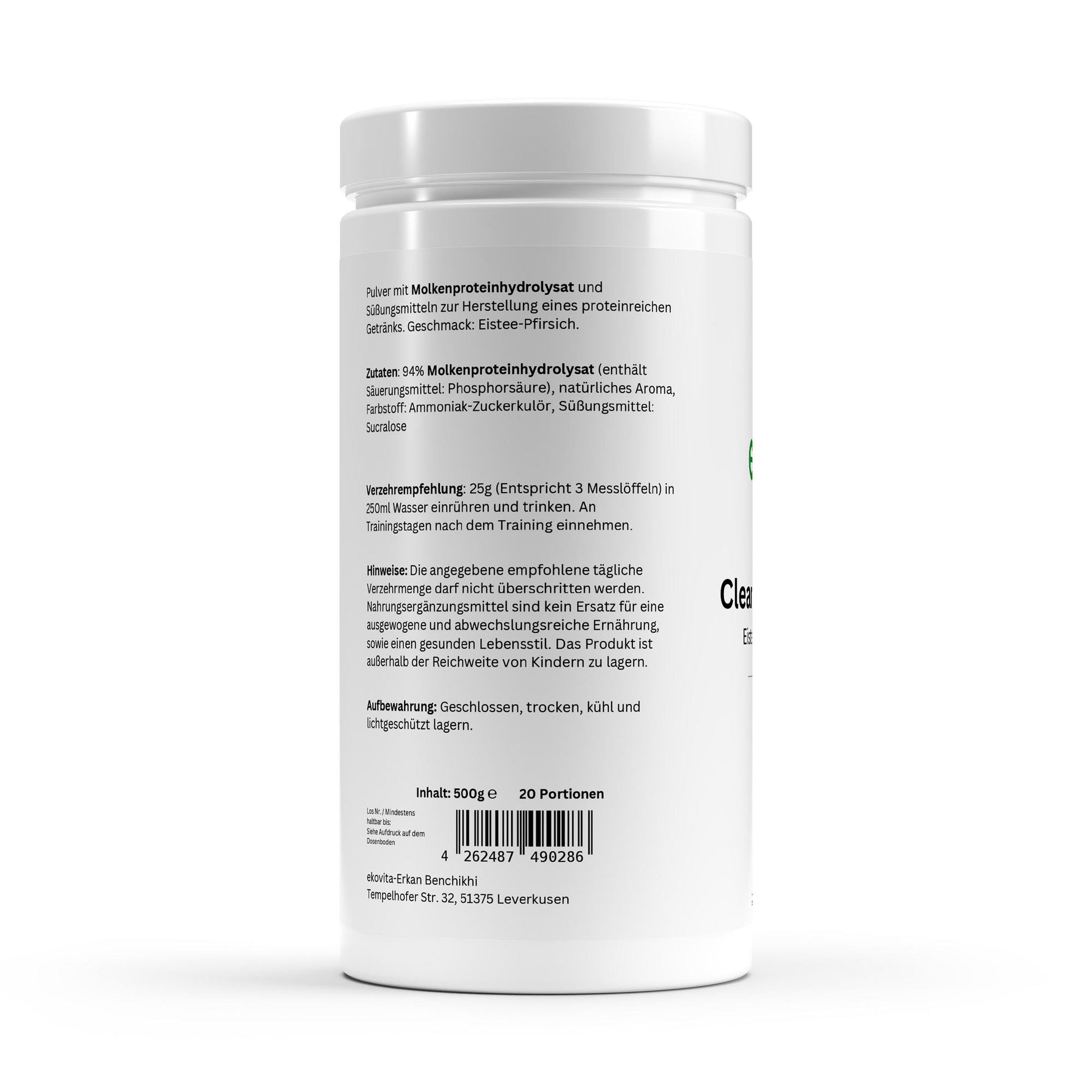 Detailaufnahme des Clear Whey Protein Pfirsich Eistee mit erfrischendem Trinkglas.