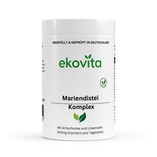 Mariendistel Komplex mit Artischocke und Löwenzahn für die Lebergesundheit, auf einem hellen Hintergrund.