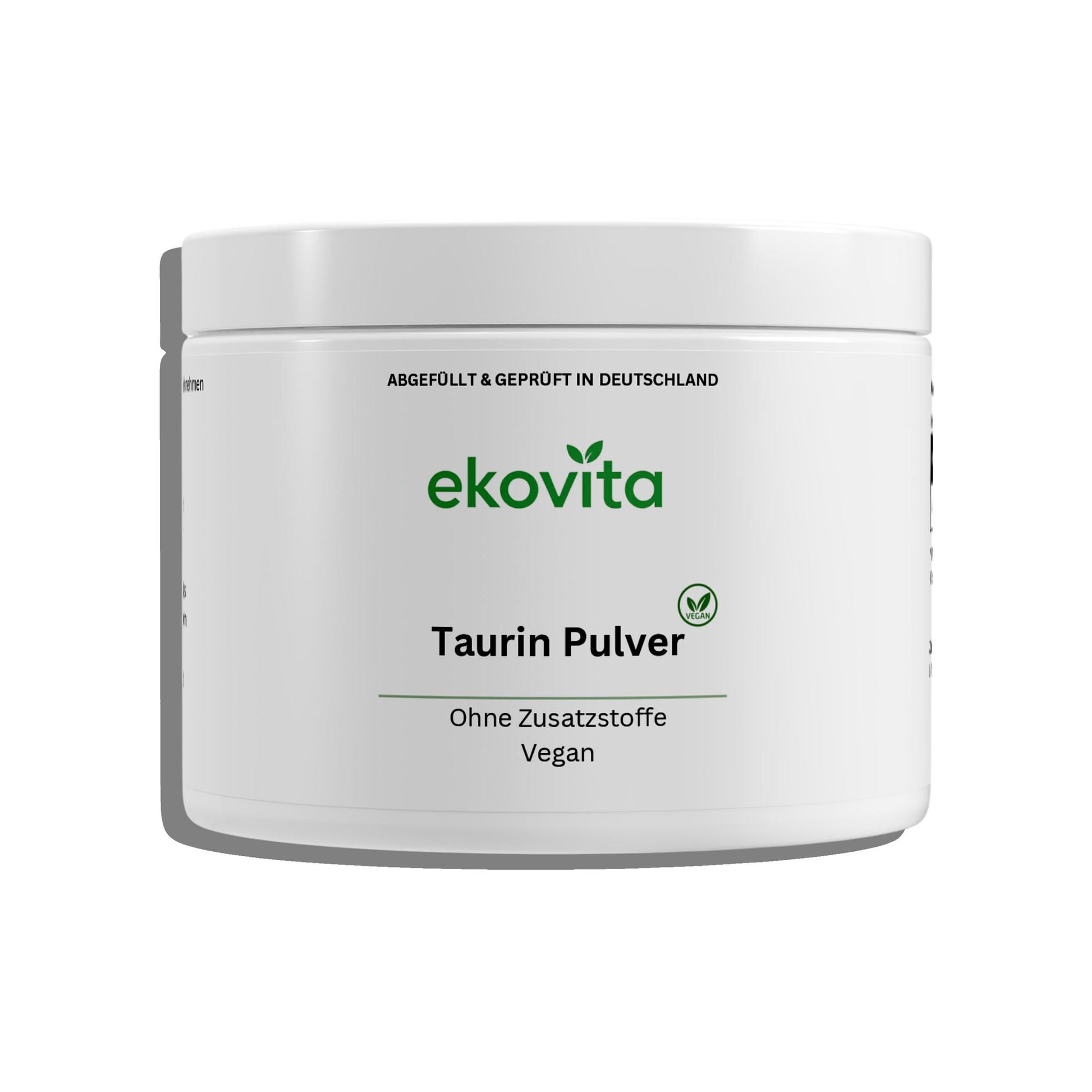 Hab einen Löffel veganes Taurin Pulver in einer Glasschale, perfekt zur Steigerung von Fokus und Energie.