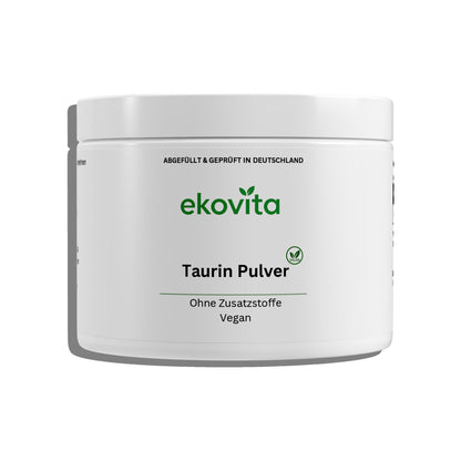 Hab einen Löffel veganes Taurin Pulver in einer Glasschale, perfekt zur Steigerung von Fokus und Energie.