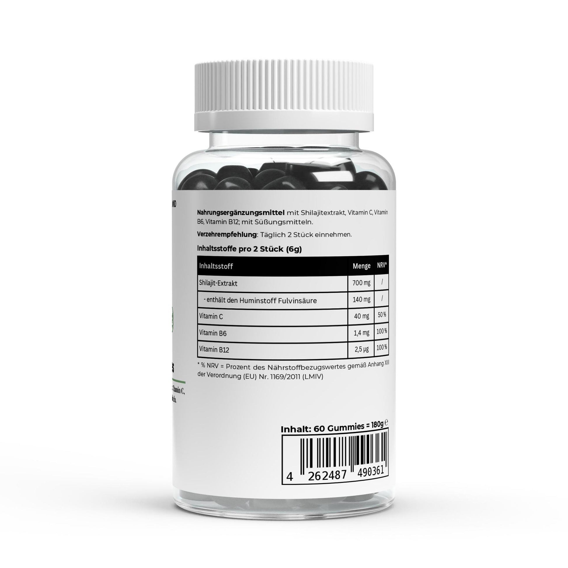 Offene Verpackung der Shilajit Gummies, die bunte Gummies zeigen, die als Nahrungsergänzungsmittel dienen.