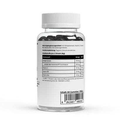 Offene Verpackung der Shilajit Gummies, die bunte Gummies zeigen, die als Nahrungsergänzungsmittel dienen.