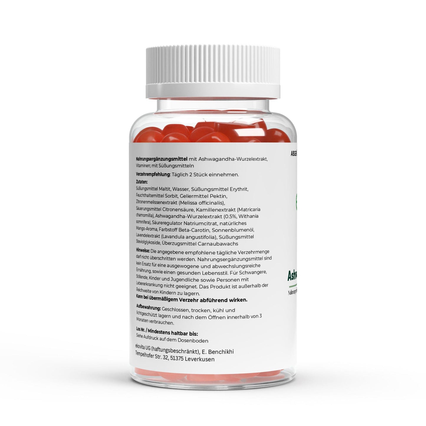 Nahaufnahme der veganen Ashwagandha Gummies von Ekovita, farbenfroh und ansprechend zum Stressabbau.