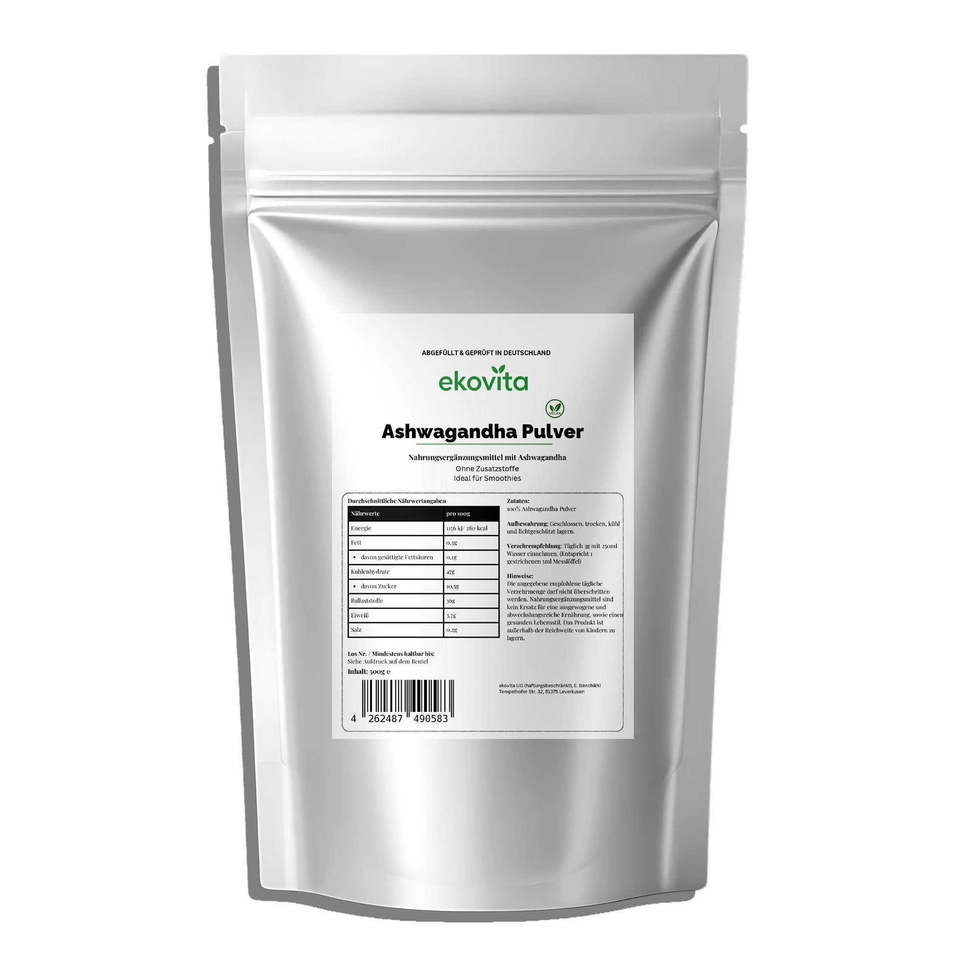 Hochdosiertes Ashwagandha Pulver 500g von ekovita für natürliche Stressreduzierung.
