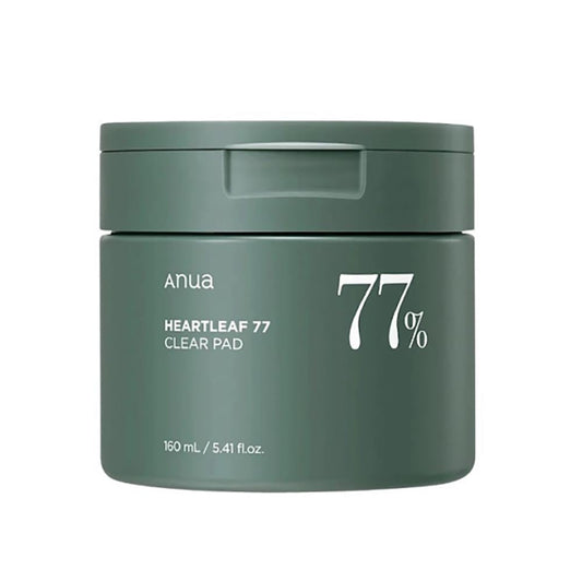 Anua Heartleaf 77% Clear Pad in einem eleganten Glasbehälter, perfekt für die Hautpflege.