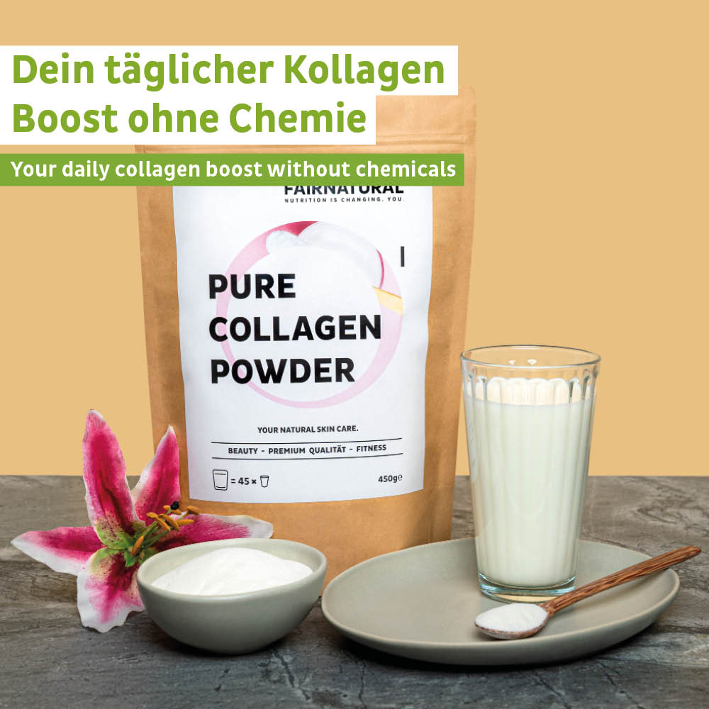 Detailansicht des Collagen Pulvers von ekovita, das für Nahrungsergänzungsmittel genutzt wird.