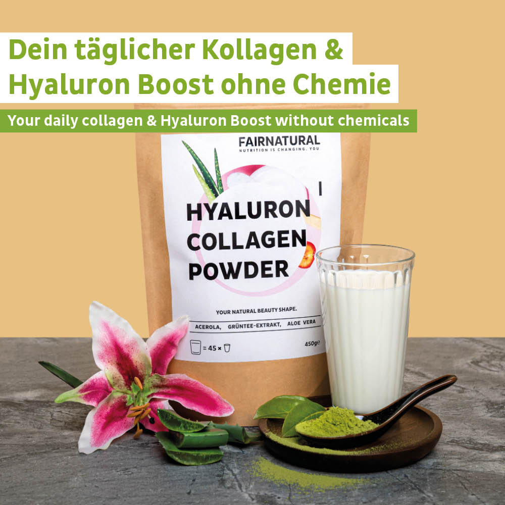 Nahaufnahme von Fairnatural® Kollagen Hyaluron Pulver mit einem Löffel zur einfachen Dosierung.