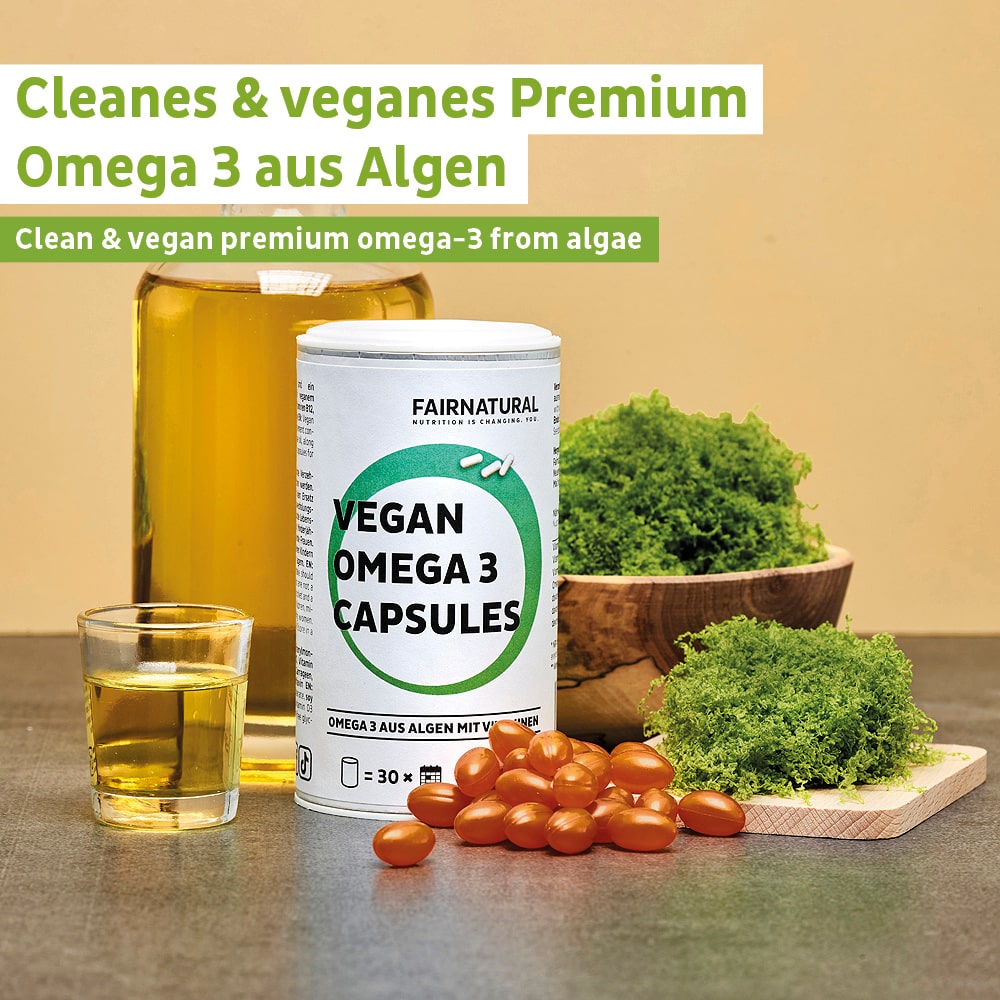 Premium Verpackung der veganen Omega 3 Kapseln von Fairnatural, ideal für eine pflanzliche Ernährung.