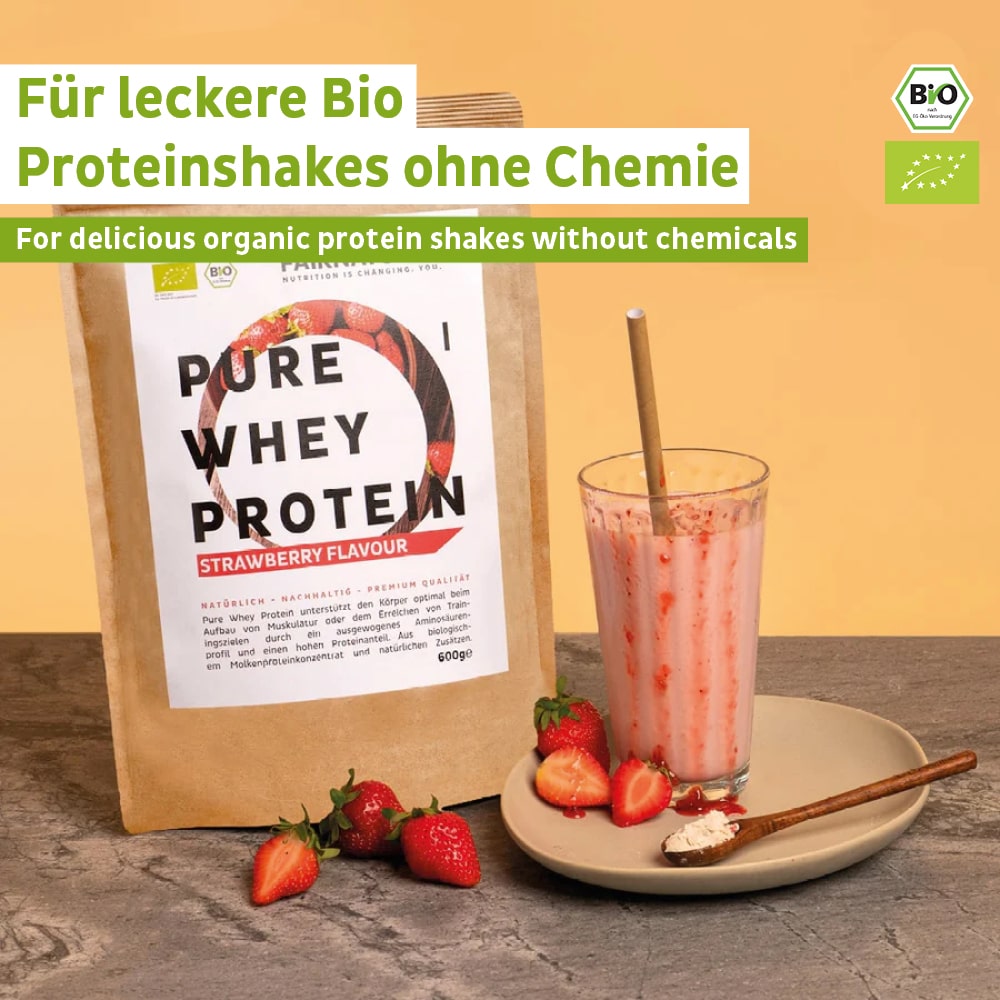Verpackung des Fairnatural Bio Whey Protein Erdbeere mit Nährwertangaben und Zutatenliste