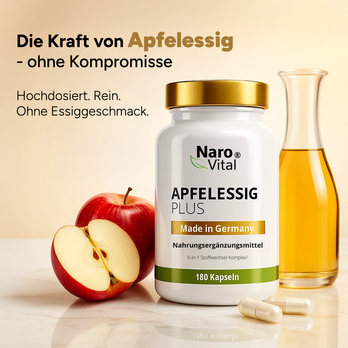 Detailansicht der NaroVital Apfelessig Plus Flasche, geeignet zur Verdauungsunterstützung.