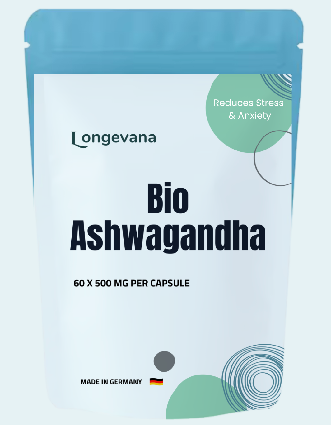 Bio Ashwagandha von Longevana im Verpackungsdesign – hochdosiertes Adaptogen für Stressabbau und mentale Klarheit