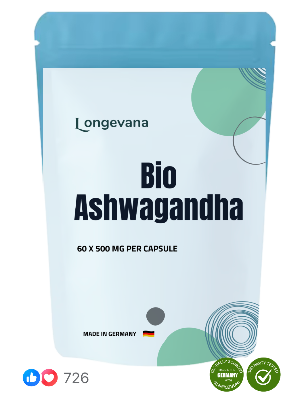 Nahaufnahme der Bio Ashwagandha Kapseln von Longevana, reich an hochdosierten Naturstoffen für mehr Vitalität