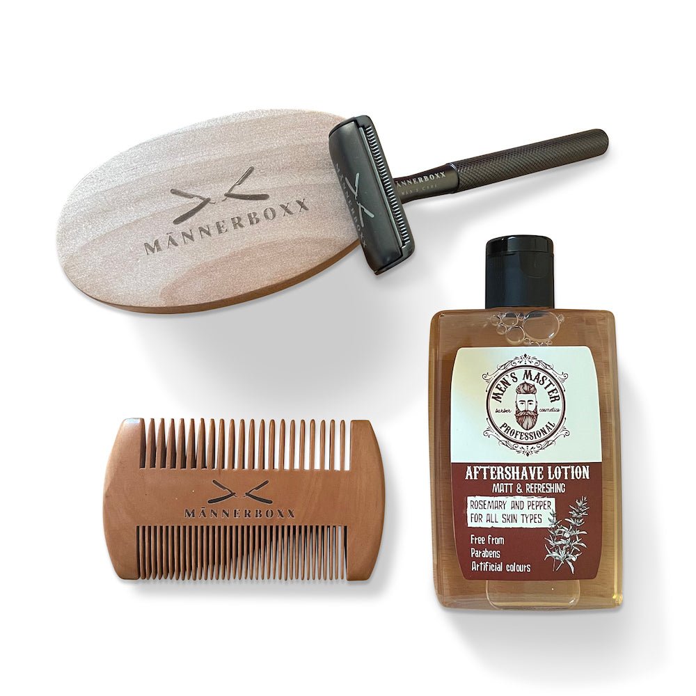 Detailaufnahme der Premium Rasurset enthaltenen Produkte, ideal für die Bartpflege.