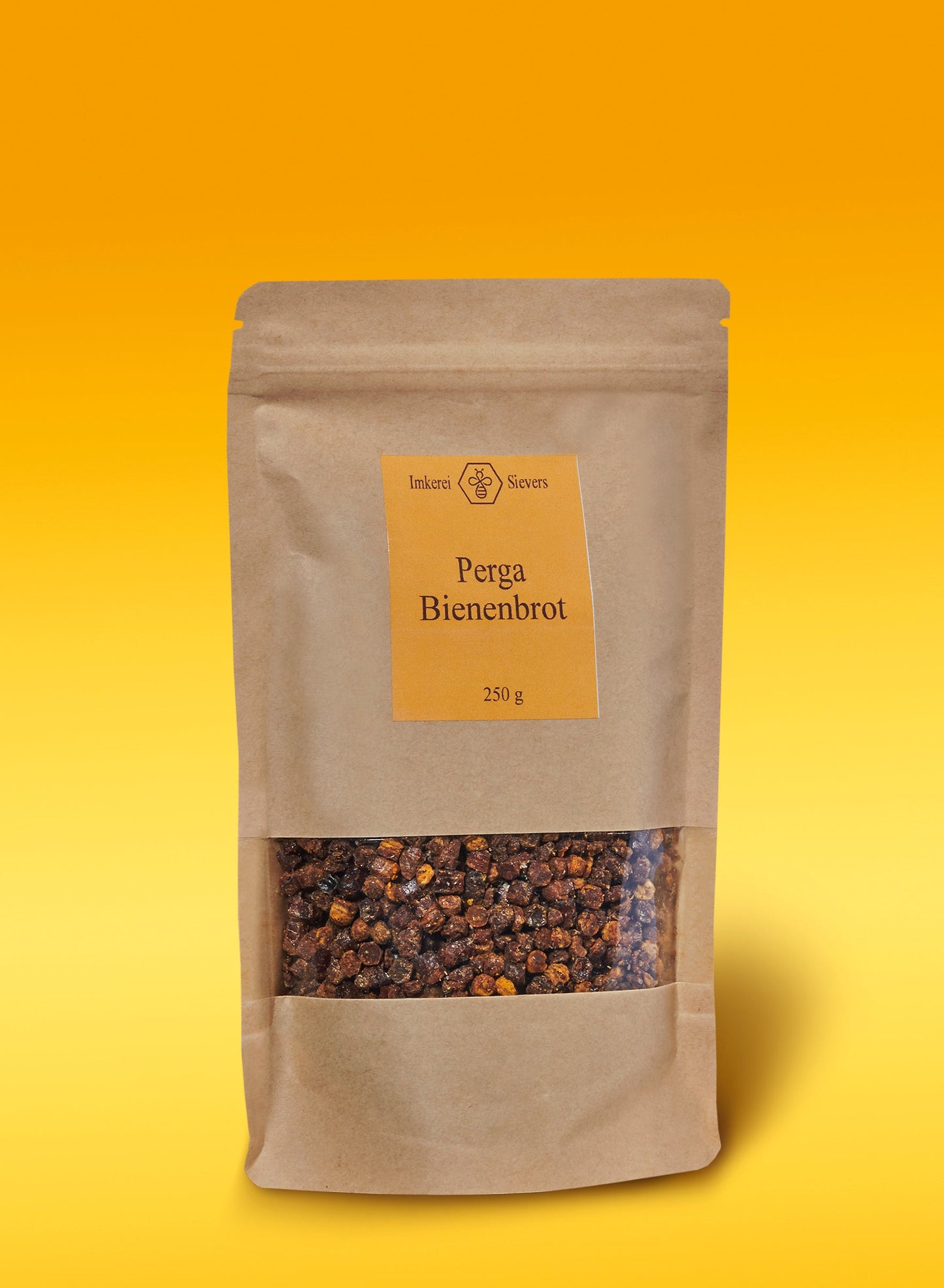Verpackung von Perga Bienenbrot, eine natürliche Ergänzung zur Gesundheit mit reinen Bienenprodukten.