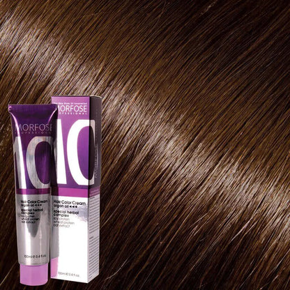 Nahaufnahme auf die Tube der Morfose Haarfarbe, 10 Argan Oil in kräftigem Braun.