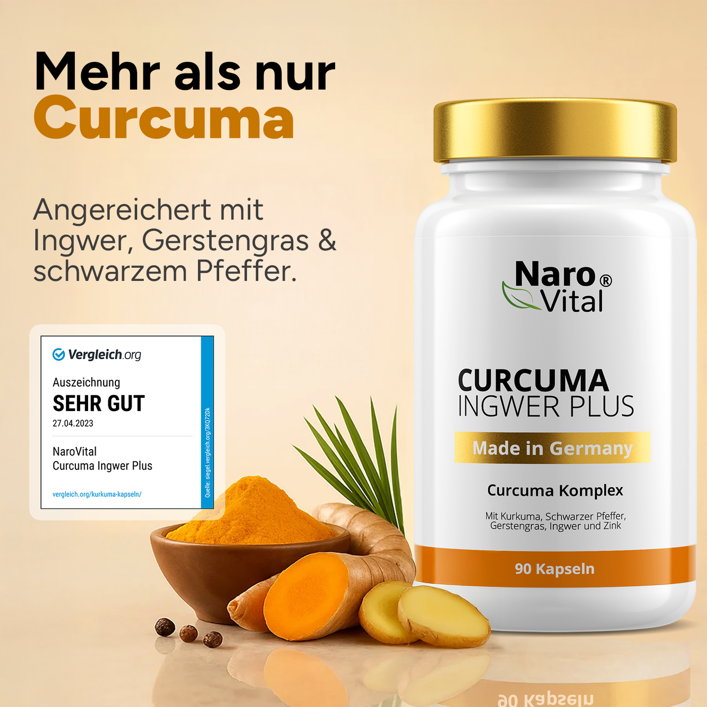 Nahaufnahme der Curcuma Ingwer Kapseln in einer offenen Packung für eine bessere Erkennbarkeit.