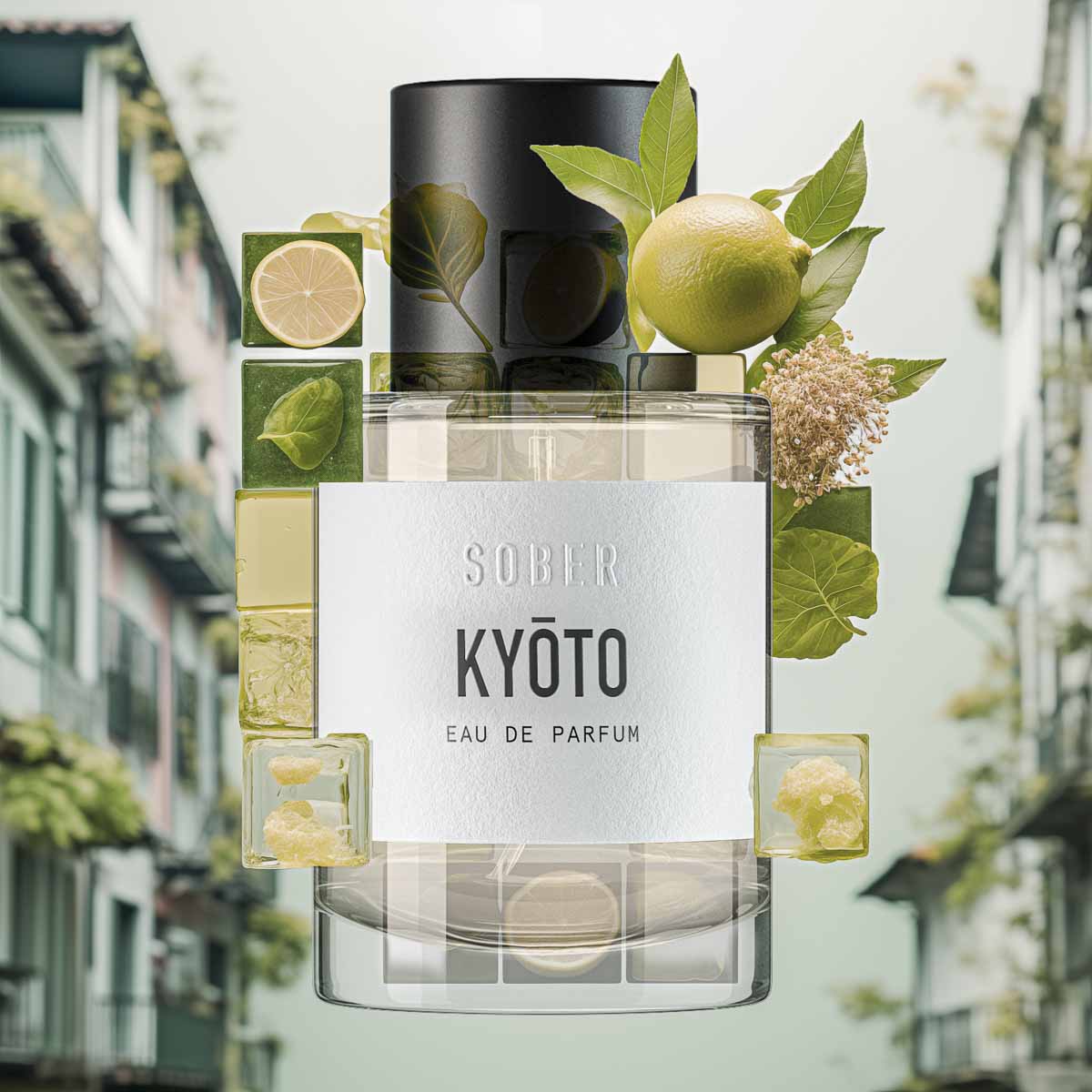 Detailaufnahme des KYŌTO Eau de Parfum Flakons, der die japanische Eleganz und die Reinheit des veganen Duftes zeigt.