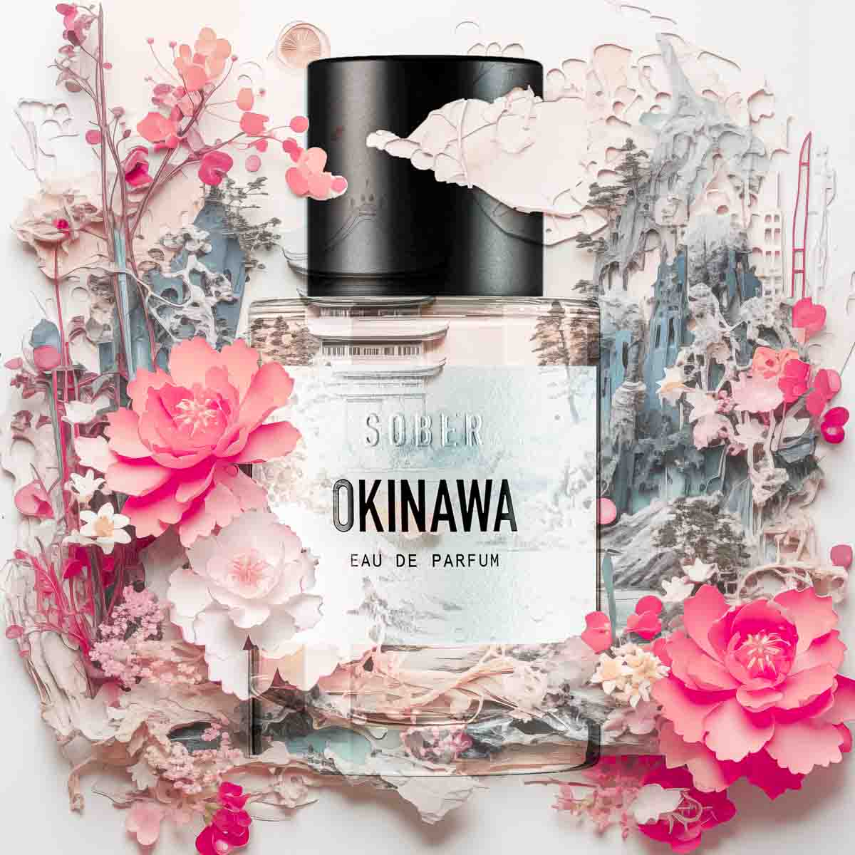 Detailaufnahme des Okinawa Eau de Parfum Flakons, der Premium-Qualität und zeitlose Eleganz ausstrahlt.
