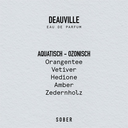 Deauville Eau de Parfum auf einem edlen Holzschreibtisch platziert – hochwertige Duftkomposition von sober