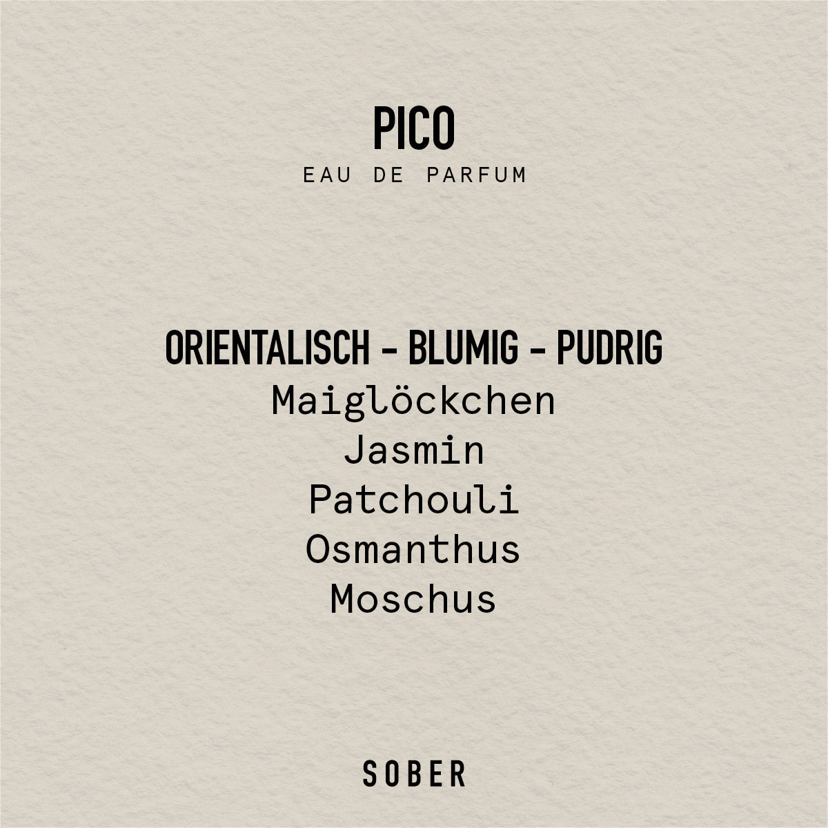 Detailansicht des PICO Eau de Parfum-Flakons mit einer floralen Note von Maiglöckchen.
