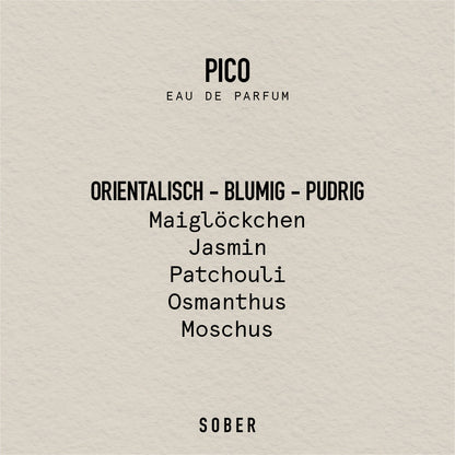 Detailansicht des PICO Eau de Parfum-Flakons mit einer floralen Note von Maiglöckchen.