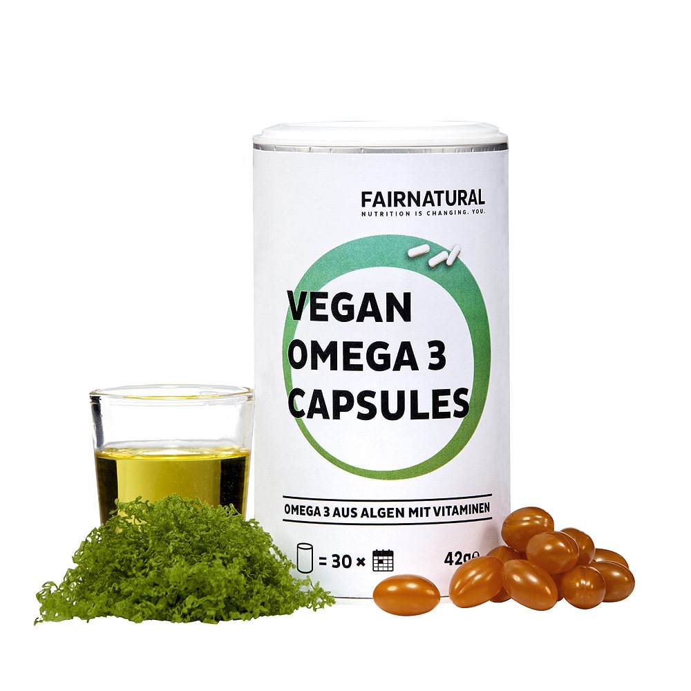 Vegan Omega 3 Kapseln von Fairnatural mit Algenöl für gesunde DHA und EPA Versorgung.