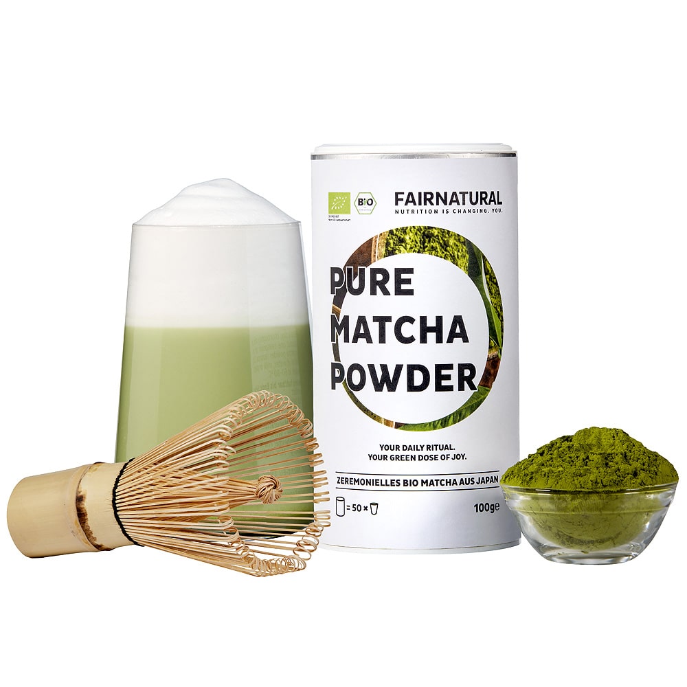 Premium Bio Matcha Pulver aus Japan von Fairnatural®, reich an Antioxidantien und gesunder Energie.