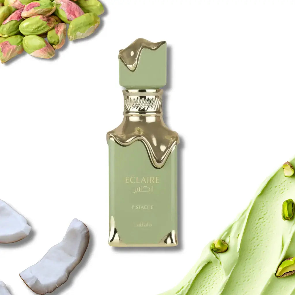 Nahaufnahme des Flakons von Lattafa Eclaire Pistache, der die Gourmand-Noten präsentiert.