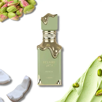 Nahaufnahme des Flakons von Lattafa Eclaire Pistache, der die Gourmand-Noten präsentiert.