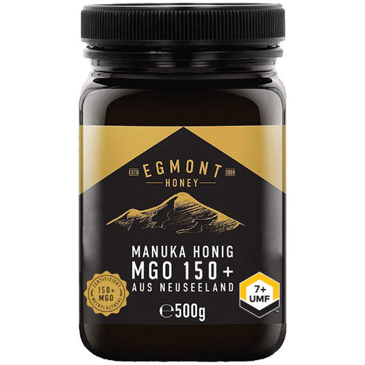 ManukaWelt Manuka Honig MGO 150+, 500g Glas mit goldener Farbe und hochwertiger Verpackung.