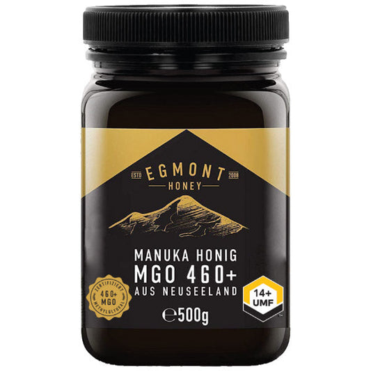 Manuka Honig MGO 460+, 500g Glas mit goldener Farbe, verpackt in einer eleganten Dose.