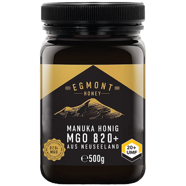 ManukaWelt Manuka Honig MGO 820+ in Glasbehälter, 500g, mit goldener Farbe und cremiger Textur.