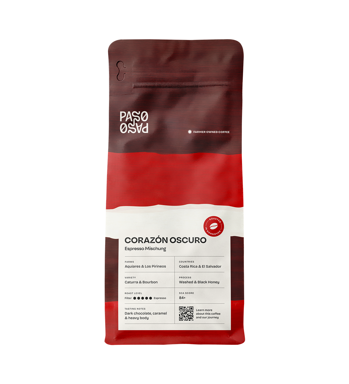Premium Corazón Oscuro Espresso von ekovita in eleganter Verpackung mit dem Markenlogo von Paso Paso.