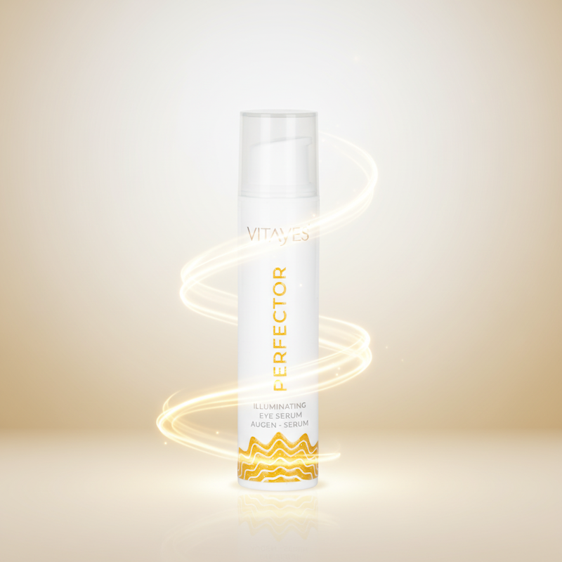 Verpackung des veganen Peptid Augenserums von Vitayes für empfindliche Haut auf hellem Hintergrund.