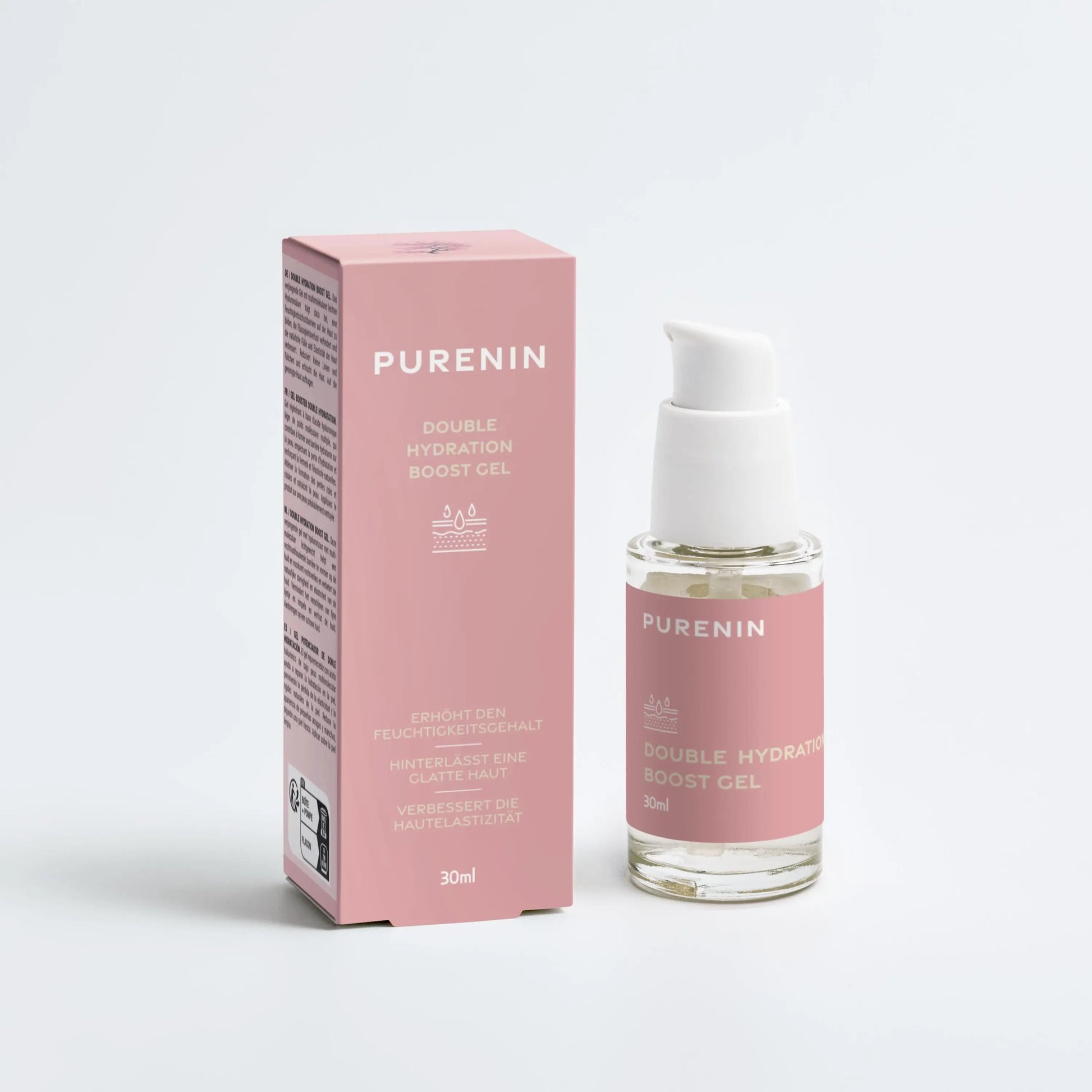 Hyaluronsäure Serum Gel von Purenin für intensive Feuchtigkeit und Faltenreduzierung in eleganter Verpackung.