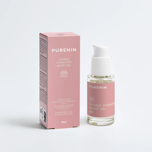 Hyaluronsäure Serum Gel von Purenin für intensive Feuchtigkeit und Faltenreduzierung in eleganter Verpackung.