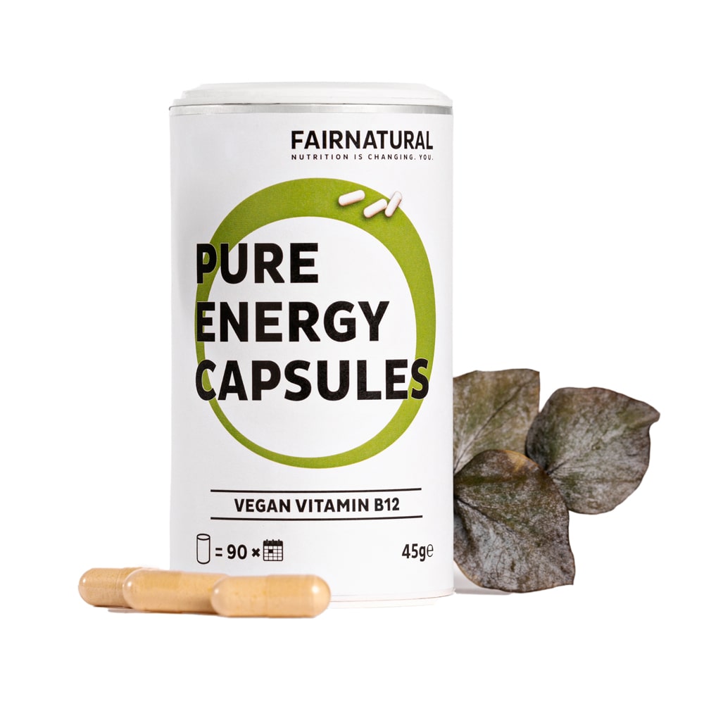 Hochdosierte Vitamin B12 Kapseln von Fairnatural® in einer transparenten Packung, ideal für mehr Energie.