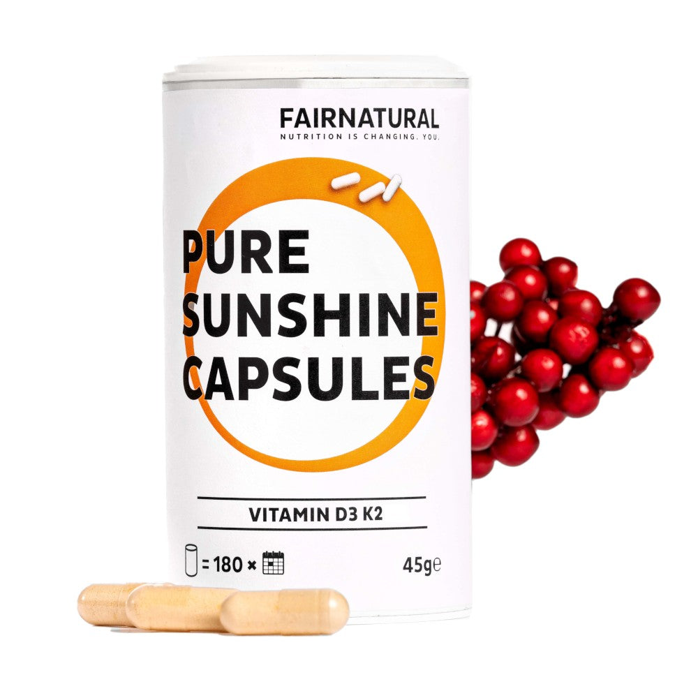 Hochdosierte Vitamin D3 K2 Kapseln von Fairnatural zur Unterstützung des Immunsystems in Premium Qualität.