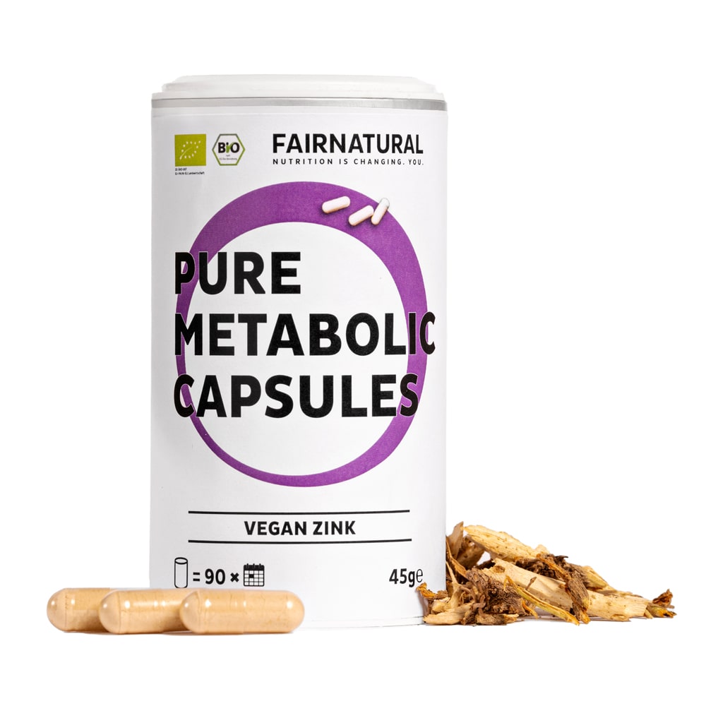 Bio Zink Kapseln von Fairnatural® in einer Glasschale, hochdosiert und vegan, für eine starke Immunabwehr.