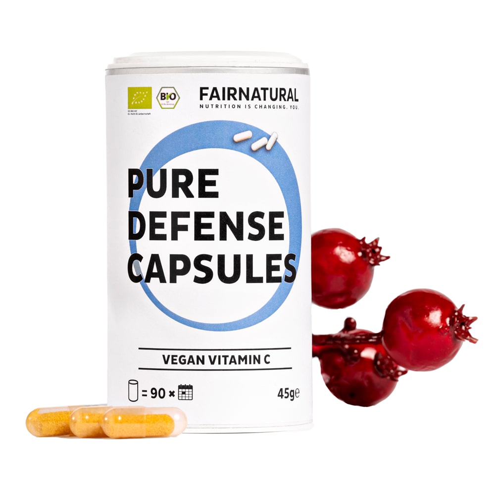 Hochdosierte Bio Vitamin C Kapseln von Fairnatural® in einer transparenten Flasche.