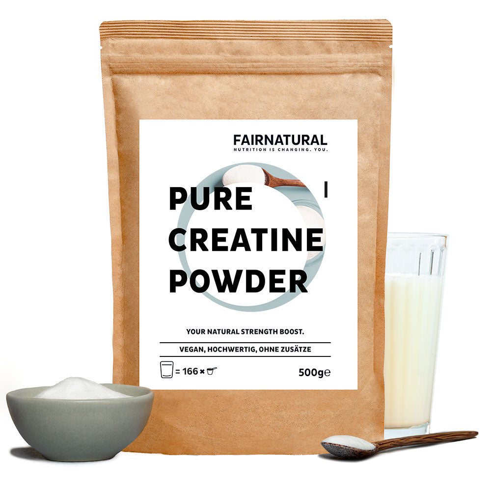Premium veganes Kreatin Pulver Monohydrat von Fairnatural®, geeignet für Sporternährung und Fitnessziele.