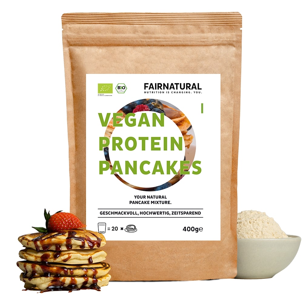 Leckere Bio Protein Pancakes von Fairnatural® für ein veganes Frühstück, gesund und nahrhaft.