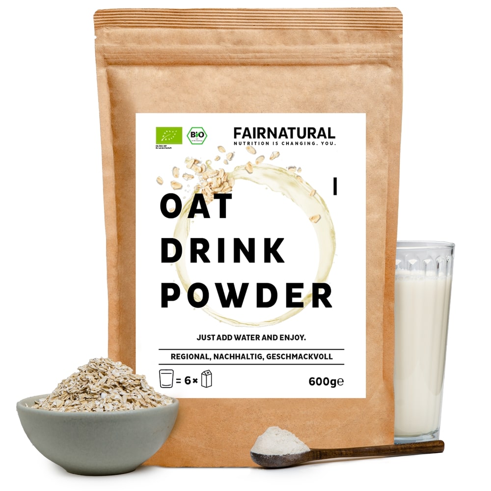 Hauptprodukt von Fairnatural®: Bio Hafermilch Pulver für eine vegane Milchalternative zur Zubereitung von 6L Haferdrink.